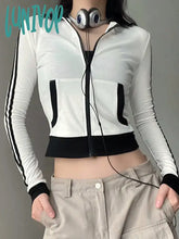 Lunivop Streetwear Striped Zip Up Sweatshirts Women Vintage Y2K Cropped Thin Jacket Casual Long